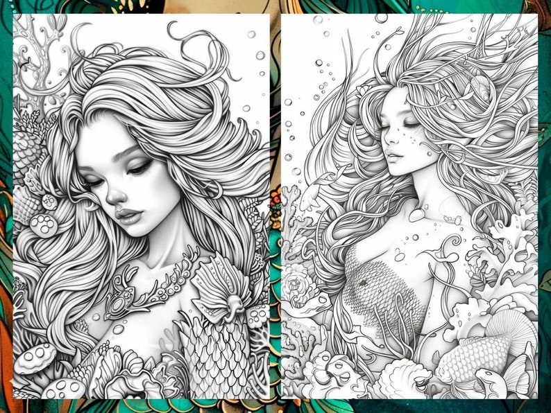 May include: Two black and white line drawings of a mermaid with long flowing hair surrounded by sea life. The mermaid on the left is looking down and the mermaid on the right is looking up.