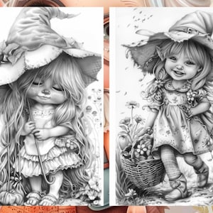 Garden Cute Gnome Coloring Pages, Gnome Coloring Book, Enchanted Garden, Grayscale Coloring Book, Little Gnome Coloring Sheet, Printable PDF