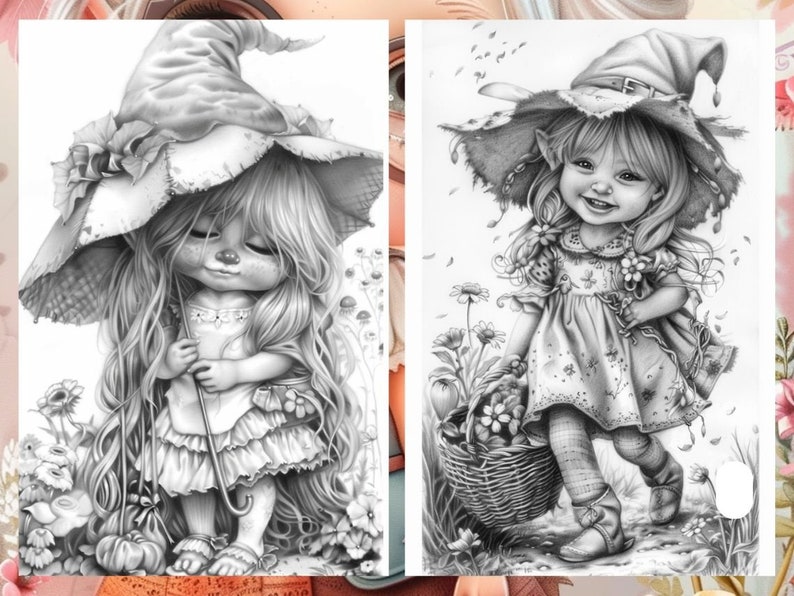 Garden Cute Gnome Coloring Pages, Gnome Coloring Book, Enchanted Garden, Grayscale Coloring Book, Little Gnome Coloring Sheet, Printable PDF