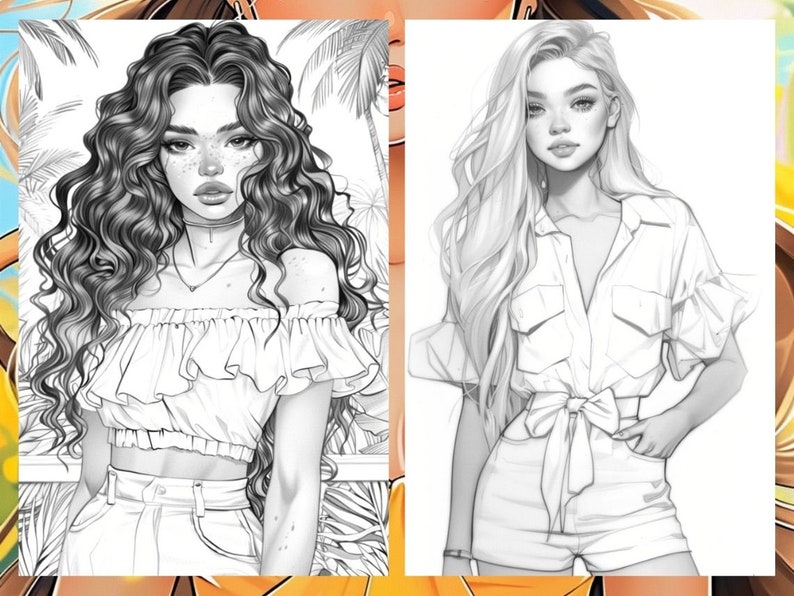 Summer Fashion Girl Coloring Book, Tropical Pages Women Adult Printable, Beach Theme Coloring Pages Adult, Instant Download PDF
