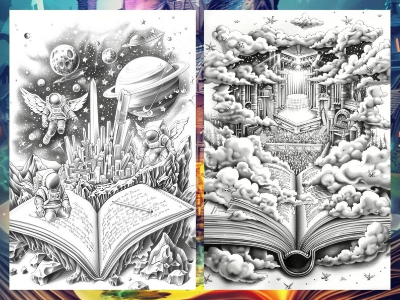 May include: A black and white illustration of an open book with a city skyline and astronauts in space on the left page and a stage with a crowd of people on the right page.