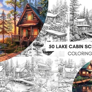 May include: A black and white colouring page featuring a lake cabin scene with a wooden dock, trees, and mountains. The text "50 LAKE CABIN SCENERY COLOURING PAGE" is at the bottom of the page.