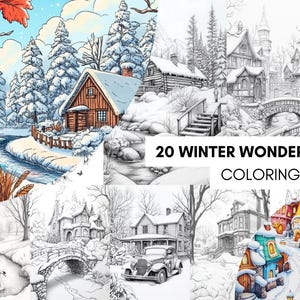 Coloring Book Winter House Landscape, Winter Wonderland Coloring Pages, Winter Coloring Sheet for Adult Digital Download PDF, Printable Book