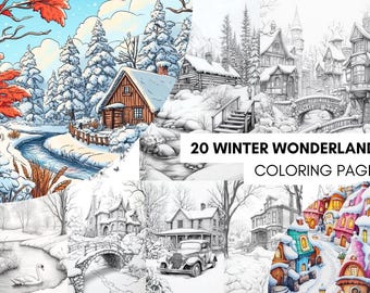 Coloring Book Winter House Landscape, Winter Wonderland Coloring Pages, Winter Coloring Sheet for Adult Digital Download PDF, Printable Book