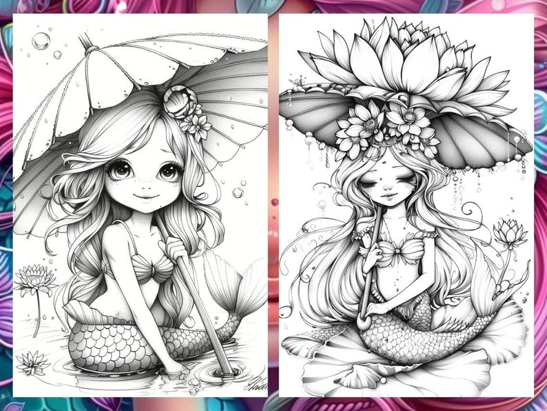 Cute little mermaid, Fantasy Coloring, Adult Coloring Pages