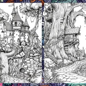 May include: A black and white illustration of a fairytale castle with a waterfall and a bridge, and a treehouse built into a large tree.