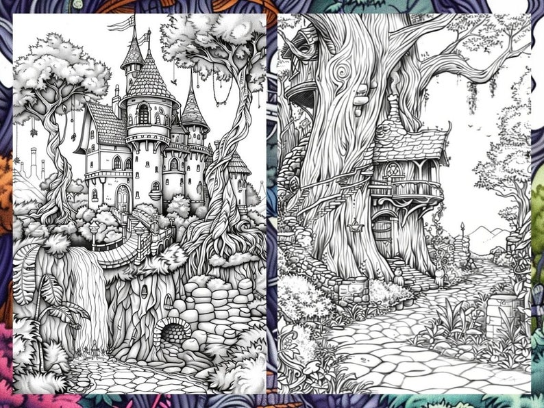 May include: A black and white illustration of a fairytale castle with a waterfall and a bridge, and a treehouse built into a large tree.