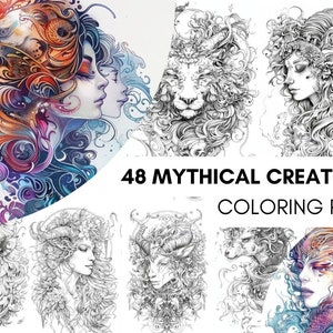 Pode incluir: Uma página para colorir com 48 criaturas míticas. A página é dividida em 8 seções, cada uma com uma criatura diferente. As criaturas são desenhadas em um estilo detalhado e intrincado, com uma variedade de cores e padrões. O título da página é "48 Criaturas Míticas para Colorir".