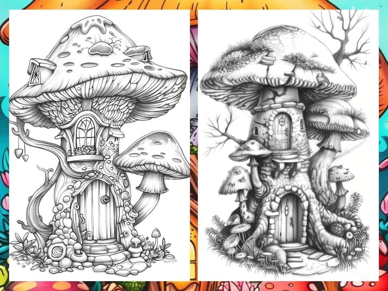 Enchanted Forest Mushroom House Coloring Book, Gnome Coloring Book, Fairytale Garden Coloring Pages, Fairy Coloring Pages for Adults PDF