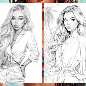 Summer Fashion Girl Coloring Book, Tropical Pages Women Adult Printable, Beach Theme Coloring Pages Adult, Instant Download PDF