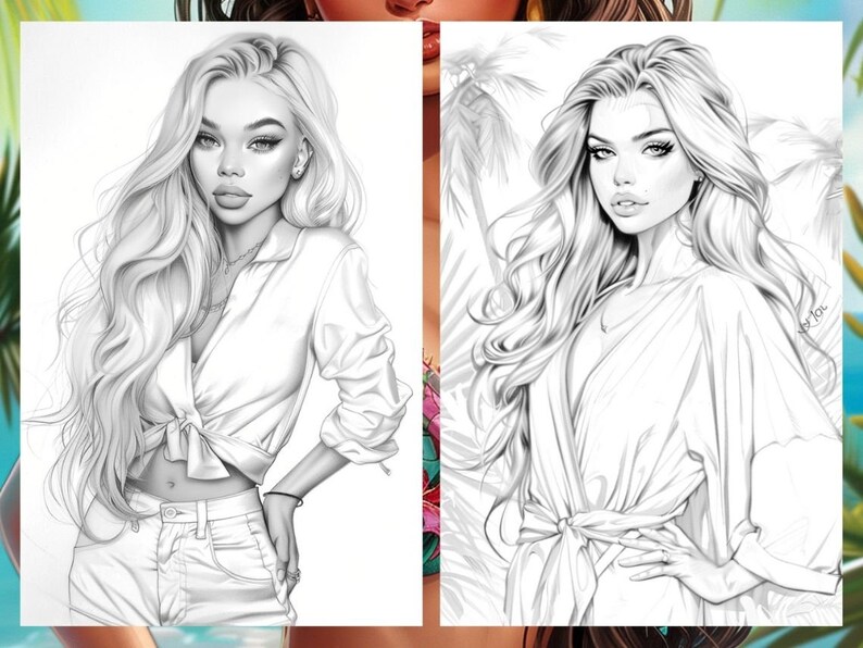 Summer Fashion Girl Coloring Book, Tropical Pages Women Adult Printable, Beach Theme Coloring Pages Adult, Instant Download PDF