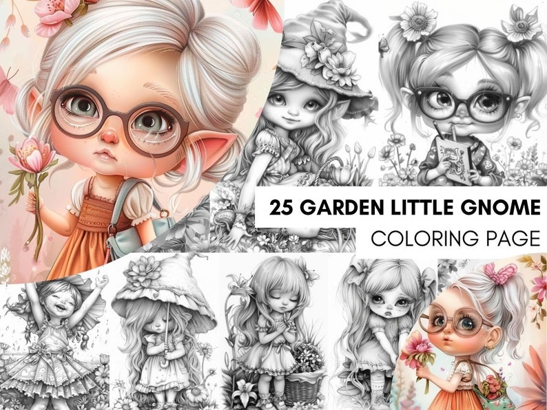 Garden Cute Gnome Coloring Pages, Gnome Coloring Book, Enchanted Garden, Grayscale Coloring Book, Little Gnome Coloring Sheet, Printable PDF