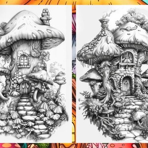 Enchanted Forest Mushroom House Coloring Book, Gnome Coloring Book, Fairytale Garden Coloring Pages, Fairy Coloring Pages for Adults PDF