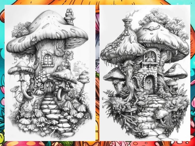 Enchanted Forest Mushroom House Coloring Book, Gnome Coloring Book, Fairytale Garden Coloring Pages, Fairy Coloring Pages for Adults PDF