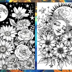 Magic Celestial Space Floral Coloring Book for Adults, Flower Sun Moon Fairytale Coloring Pages Printable, Grayscale Book, Instant PDF