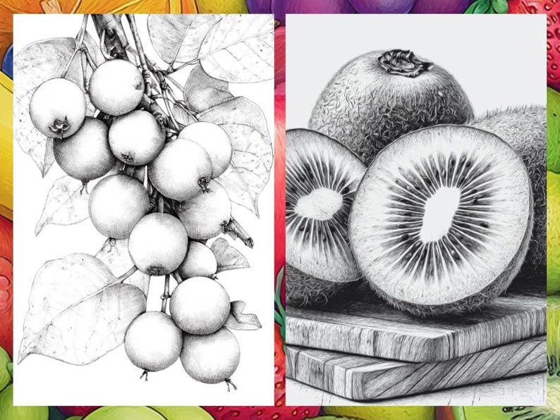 Fruit Coloring Pages for Adults, Exotic Fruit Coloring Sheets, Fruit Coloring Books for Kids