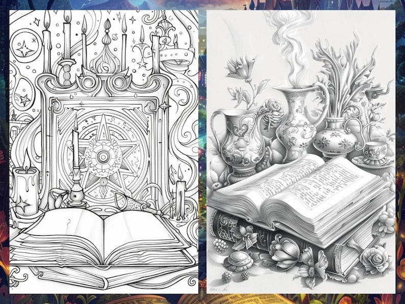 40 Books Magic Spells Coloring Book, Fantasy Coloring Sheets, Coloring ...