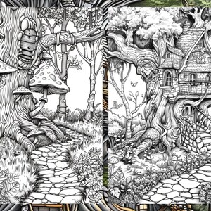 May include: A black and white illustration of a whimsical forest scene with a treehouse built into a large tree. The treehouse has a stone exterior and a shingled roof. A winding stone path leads to the treehouse.
