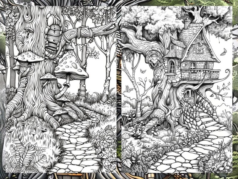 May include: A black and white illustration of a whimsical forest scene with a treehouse built into a large tree. The treehouse has a stone exterior and a shingled roof. A winding stone path leads to the treehouse.