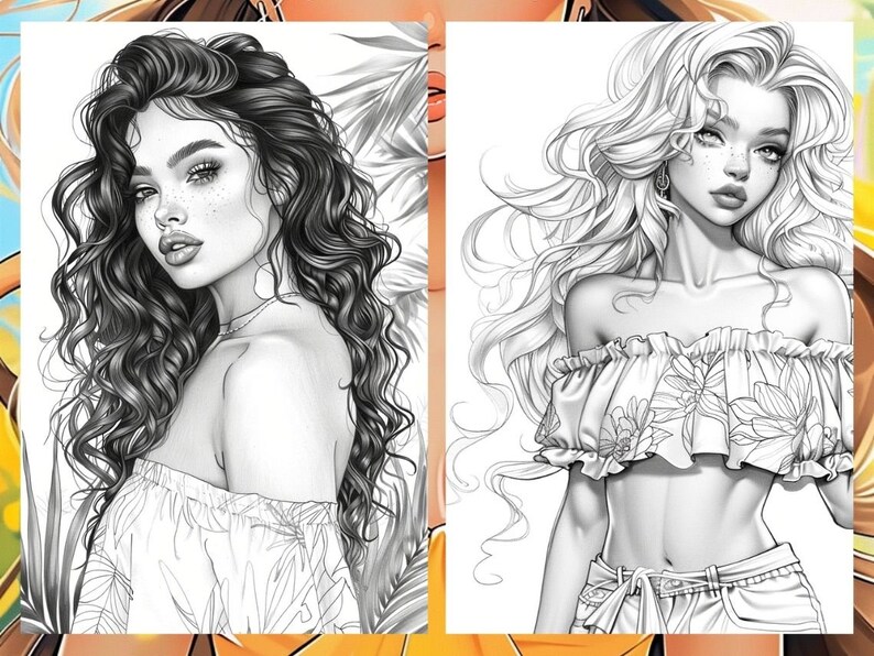 Summer Fashion Girl Coloring Book, Tropical Pages Women Adult Printable, Beach Theme Coloring Pages Adult, Instant Download PDF
