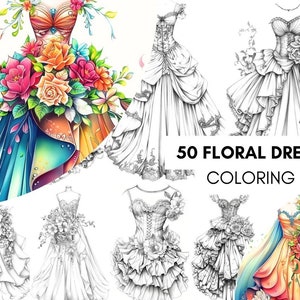 Może przedstawiać: Strona do kolorowania z 50 kwiatowymi sukienkami. Sukienki są w różnych stylach, niektóre z falbankami, koronką i kwiatami. Tekst "50 KWIATOWYCH SUKIENEK STRONA DO KOLOROWANIA" znajduje się na dole strony.