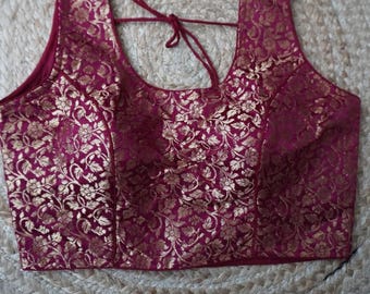 Sleeveless Brocade readymade blouse, perfect for ethnic & western wear. Size 36 (adjustable), back opening, padded
