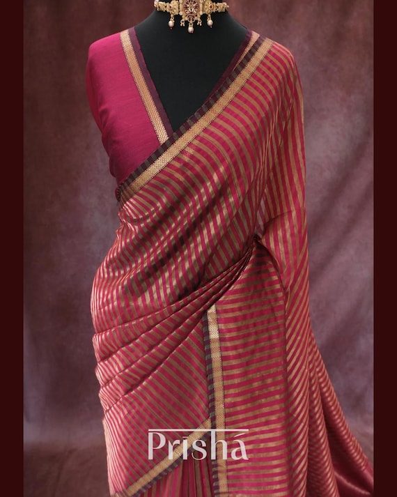 Handloom Maroon Maheshwari silk cotton by tissue saree, tissue pallu, vertical stripe design