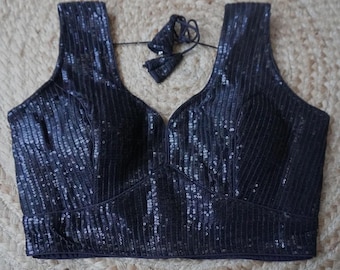 Ready made sleeveless sequins blouse, available colours - sliver&black. Size 38. Back opening, Perfect for pairing with a sari or skirt