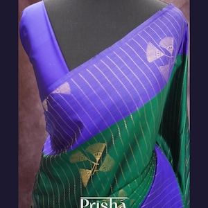 Weicher Seidensari: Royalblauer Rand, Gold Zari Bhutta Webart