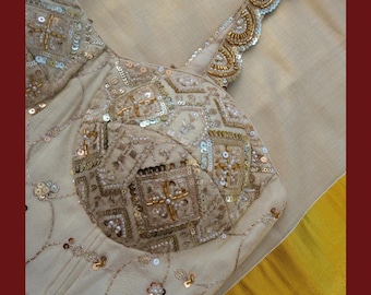 Hand Embroidered Corset Blouse: Gold Sequins, Scalloped Straps, size 34 adjustable