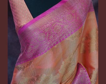 Orange Banarasi Regenbogen Gewebe Seide Saree mit Gold Zari Blumenkranz Muster Motive und kontrastrosa Blumenrand, Pallu mit Quasten