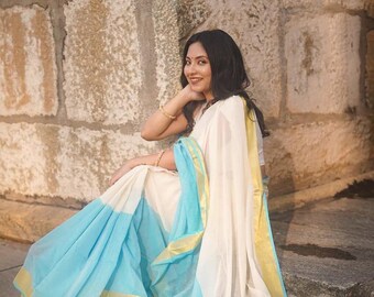 White Mul Mul Cotton Saree: Gold Kasavu Border, 3 designs available