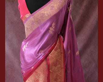 Ombré Crepe Silk Saree, Gold Zari Bird Motifs, Lilac Maroon (Fall & Pico Done)