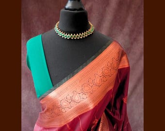 Soft Silk Saree: Copper Zari Weaving, Contrast Border