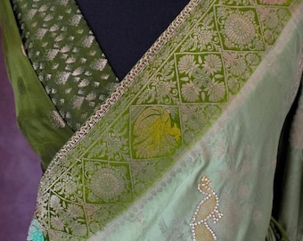 Sage Olive Crepe Silk Saree, Peacock Swan Motifs, Stone Embellishment, Mehendi Blouse