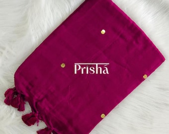 Khadi cotton saree with single gold sequins work all over and pallu finished with tassels. Available in green, red, magenta & blue