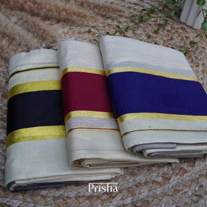 Kerala set mundu with kasavu border and pallu finished with tassels. Available in Black, Royal blue and sliver kasavu