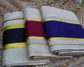Kerala Mundu mit Kasavu Rand und Pallu mit Quasten beendet. Erhältlich in Schwarz, Royal Blau und Splitter Kasavu