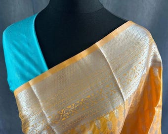 Fanta orange halb Braut Seide Saree mit vertikalen Splitter Zari Weben und türkis Pallu mit komplizierten Splitter Zari Weben.