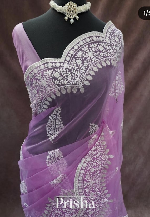 Lavender Organza Silk Saree: Hand Embroidered Chikankari, Scalloped Border