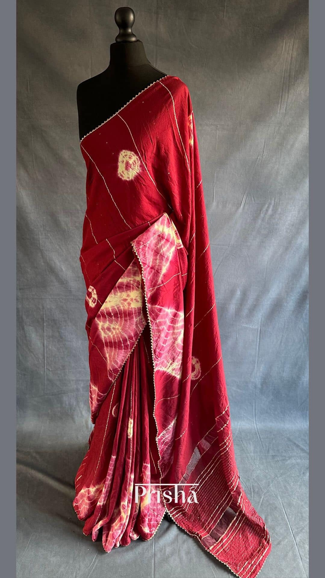 Maroon - Shibori Tie-Dye Cotton Kaftan with Tie-Up Waist (Medium)