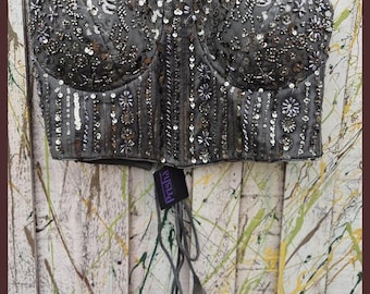 Grey strapless corset blouse with intricate hand-beaded and sequins work, size 34, adjustable, padded.