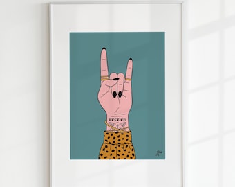 Impresión de gesto de rock en la mano, arte mural de rock and roll tatuado