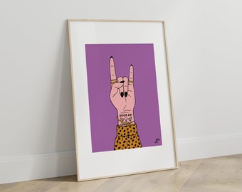 Impresión de gesto de roca en la mano / Arte de pared morado con mano tatuada