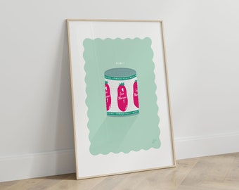 May include: A framed print of a green and white illustration of a can of San Marzano tomatoes. The can is labeled "San Marzano" and has a red tomato on the label. The text "Pizza?" is at the top of the print.