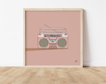 May include: A pink retro boombox with a cassette tape player and a radio tuner. The boombox has a silver antenna and a black display screen. The boombox is on a pink background.