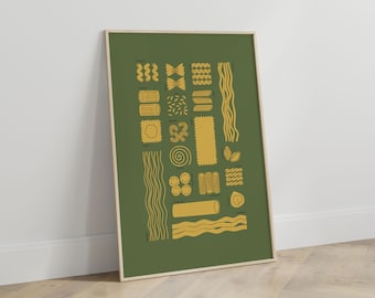 Op de afbeelding: Een ingelijst print met een groene achtergrond en verschillende pasta vormen in geel. De pasta vormen zijn zwart omlijnd en bevatten namen zoals "Rigatoni" en "Penne".