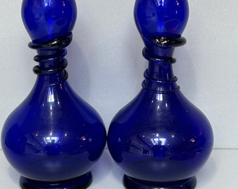 Victorian Cobalt blue Glass vases with snakes around the neck 21cm