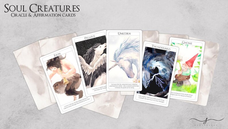 May include: A set of Soul Creatures Oracle & Affirmation Cards featuring illustrations of mythical creatures like a unicorn, pegasus, faun, thunderbird, and gnome. The cards are printed on white cardstock with a watercolor style.