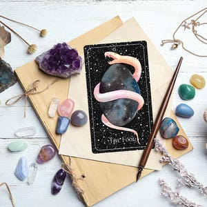 Op de afbeelding: Een tarotkaart met een zwarte achtergrond en witte sterren. De kaart toont een roze slang die om een grijs ei met een galaxy-patroon gewikkeld is. De kaart is gelabeld met "De Dwaas".